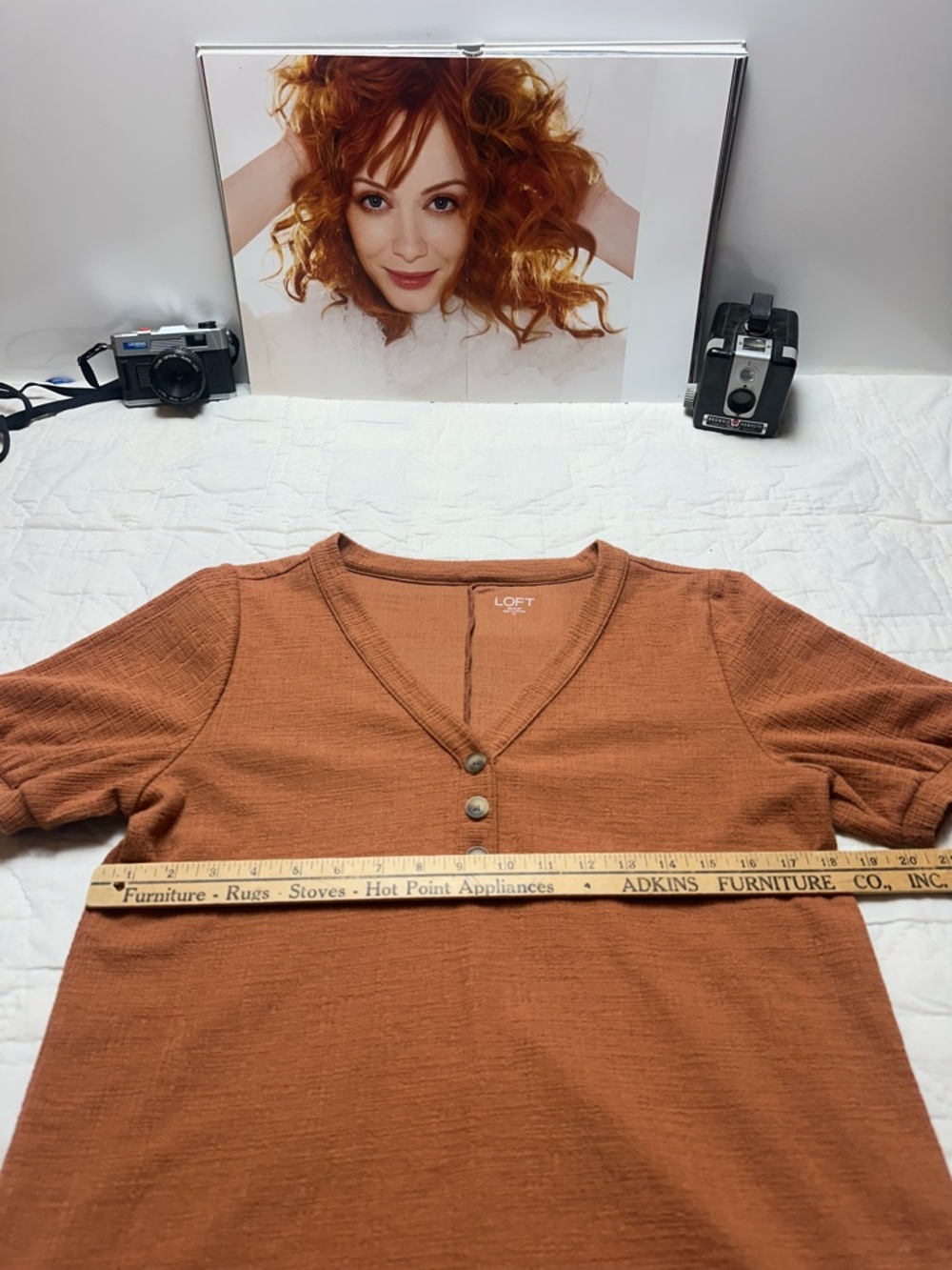 LOFT Rust Brown Textured Knit Henley Top Short Sleeve V Neck Medium - Picture 5 of 10